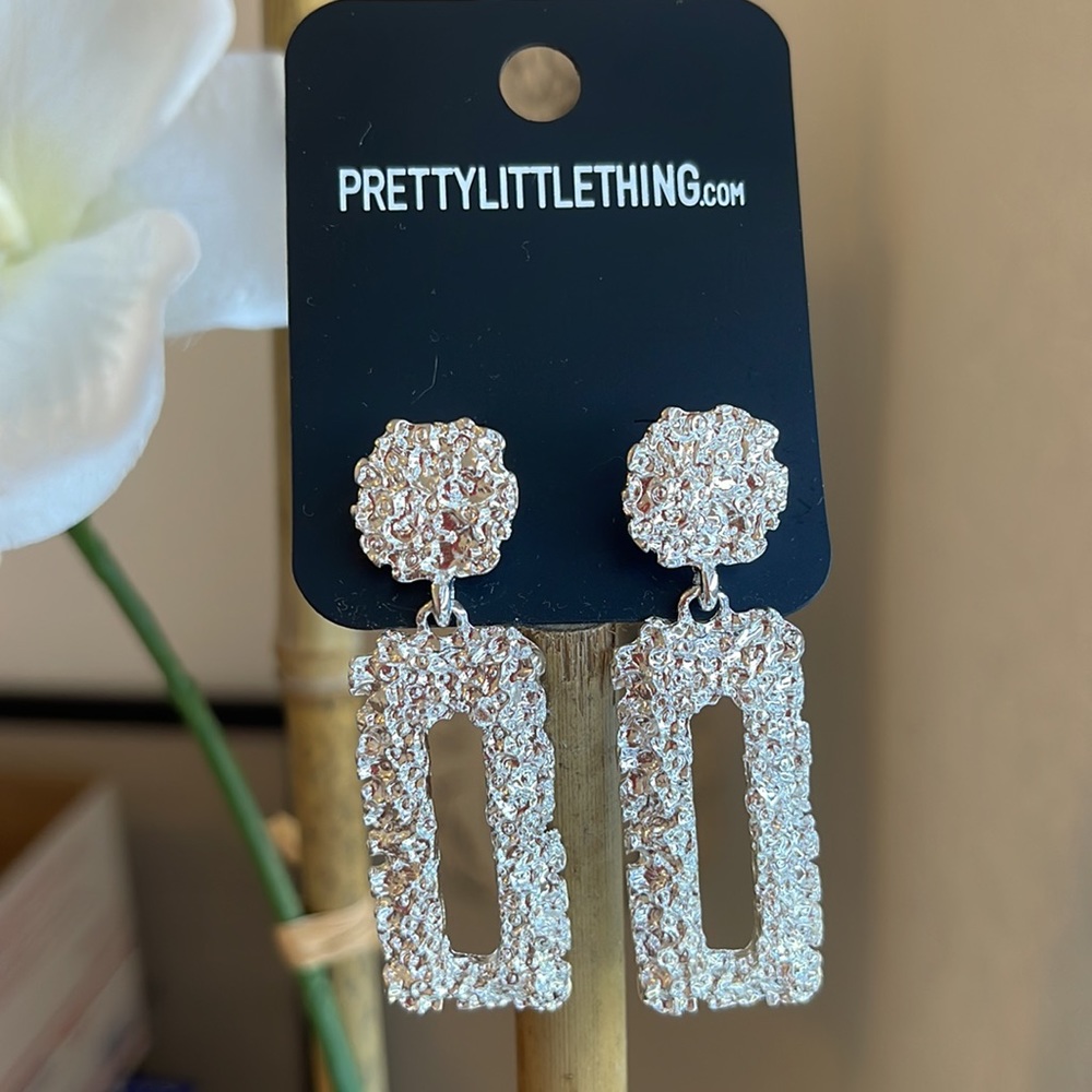 Silver Textured Rectangle Earrings